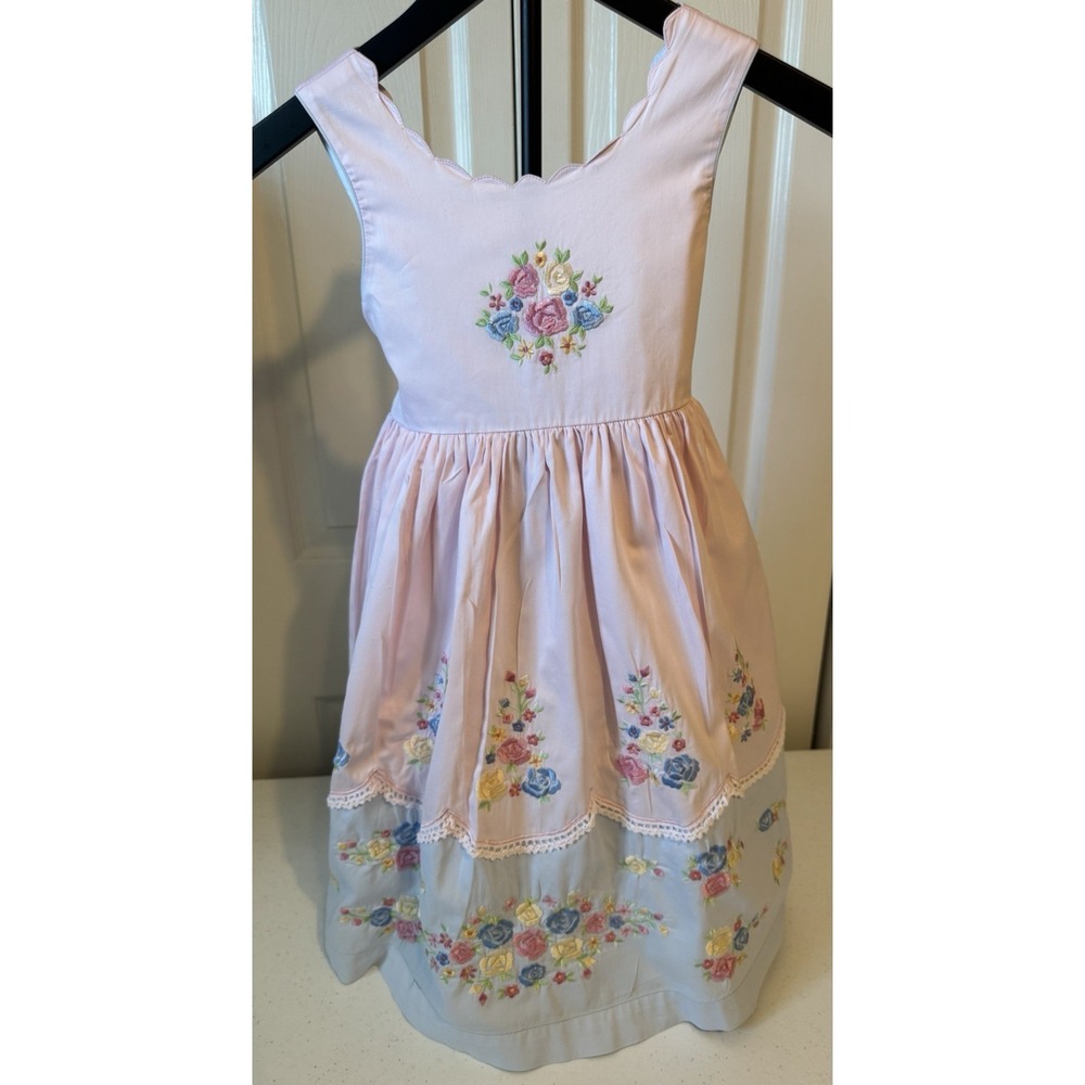 Girls Cotton Kids Sz 6 Embroidered Dress Pink/blue Beautiful Details Feminine